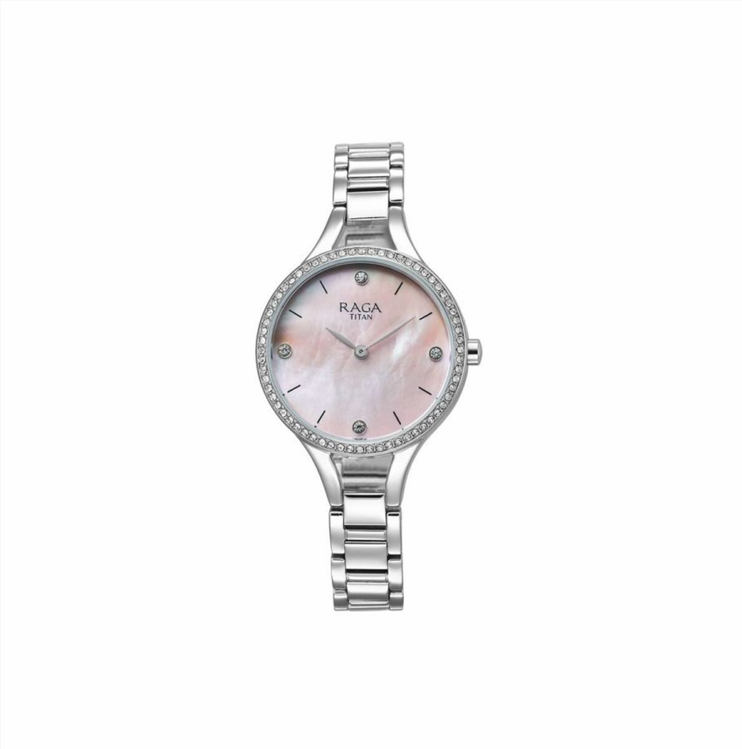 Titan Raga Showstopper Quartz Analog Mother Of Pearl Dial Metal Strap Watch for Women (95275SM01)