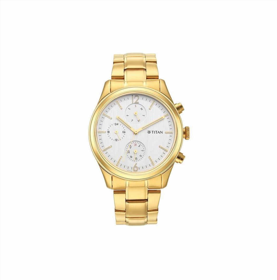 Titan Black and Gold Silver Dial Analog with Day and Date Stainless Steel Strap Watch for Men (NS1805YM01)